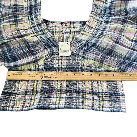 Free People Nicole Smocked Plaid Crop Top - Size L - Blue/Pink/Yellow - Picture 10 of 12